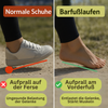 Vergleich zwischen normalen Schuhen und Barfußlaufen: links Fuß mit weißem Sneaker mit Aufprall auf der Ferse, rechts nackter Fuß mit Aufprall am Vorderfuß; Text: ‚Normale Schuhe: Aufprall auf der Ferse – Ungesunde Belastung der Gelenke‘, ‚Barfußlaufen: Aufprall am Vorderfuß – Entlastet die Gelenke, Stärkt Muskeln
