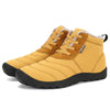 Warme Barfuß-Winterschuhe in Gelb mit kuscheligem Innenfutter, robuster Schnürung und rutschfester Sohle – ideal für kalte Tage und natürliche Fußfreiheit.